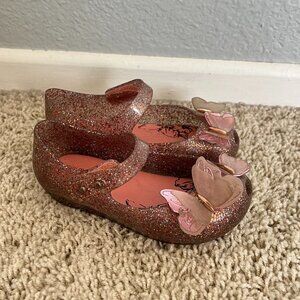 Mini Melissa Pink Glitter Butterfly Mary Jane Flats Size 8 Toddler